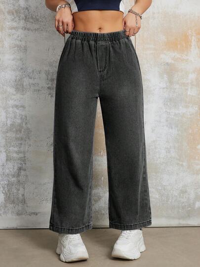 Quần jeans nữ dáng suông màu đen, cạp chun, kiểu dáng thanh lịch Y2K, phù hợp cho mùa xuân và mùa hè.