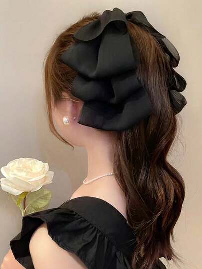 1pc Women's Black Chiffon Mesh Bow Banana Hair Clip, Suitable For Daily Use