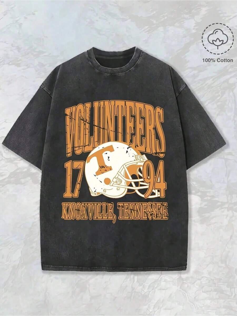 Tennessee Volunteers 1794 Football Graphic Tee Vintage Washed Black Sports Shirt, Men's Vintage Soft Pure Cotton 230g Printed Round Neck T-Shirt, Streetwear, GYM Wear - màu đen - Xem 1