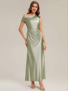 EVERPRETTY Nouvelle robe de demoiselle d'honneur asymétrique élégante à l'épaule dénudée en satin brillant, robe de cocktail vert matcha avec fente haute plissée douce, adaptée pour les invités de mariage, les fêtes, les dîners de gala, les célébrations d'anniversaire au printemps - Vert - Voir 5