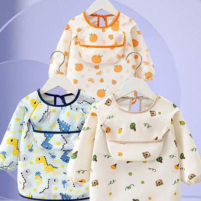 1件卡通可爱便携式围兜，婴儿长袖围兜，柔软防水全身围兜带口袋，适合喂食、玩耍、绘画，防污。