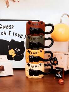 1pc Black Cat Relief Ceramic Mug, Heat-Resistant Cup, Suitable For Breakfast, Afternoon Tea, Home/Office Coffee Cup, Birthday Gift, Holiday Gift, Corporate Welfare, Gift For Boyfriend/Girlfriend, Mother's Day Gift - Multicolor - View 2