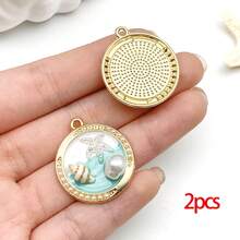 2/7 piezas Colgante redondo con estilo de playa, chapado en oro, con diseño de estrella de mar, concha y estilo retro francés en color azul océano para hacer collares, aretes y accesorios de llavero - Azul - Ver 11