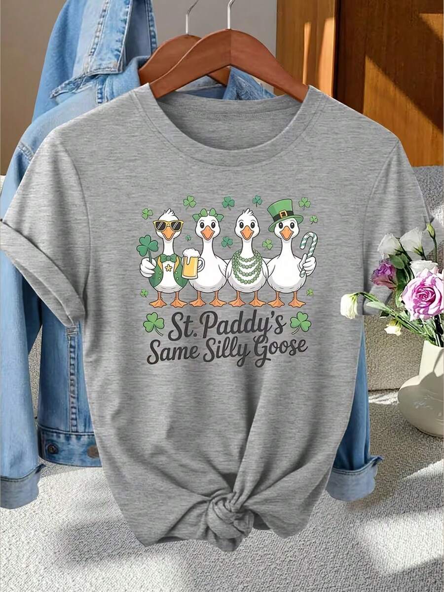 圣帕特里克节优雅女士礼物可爱鹅印花圆领短袖T恤，时尚拍照、通勤、度假、日常百搭复古风上衣，春夏秋季休闲款 - 淺灰色 - 查看 1