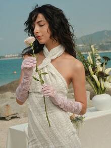 Opalesca 1 件女士玫瑰花朵蕾丝晚礼服长袖罩衫万圣节配饰冬季手套情人节 - 粉色 - 查看 5