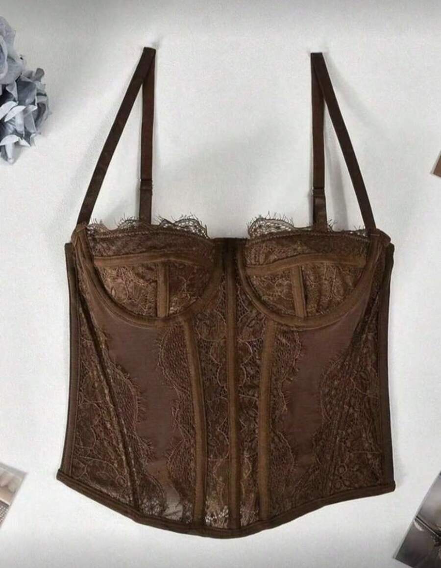 Beach Night Cropped Corset With Lace And Tulle - Rust Brown - View 1