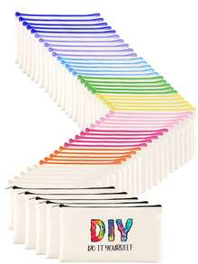 50/20/10/5件套空白帆布铅笔盒化妆包，带彩色拉链，DIY刺绣绘画升华空白帆布袋，学校用品拉链袋，创意派对绘画礼品袋，适用于生日、节日、母亲节、情人节、复活节、开斋节、宰牲节，可重复使用糖果袋，旅行收纳袋 - 米色 - 查看 12