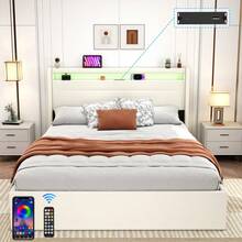 Double Ottoman Bed Frame 135*190 Cm With Charging Station & LED Lights, Upholstered Platform Bed Frame With Under-Bed Storage And Storage Headboard, No Box Spring Needed,White - UK Plug(220-240V) - View 2