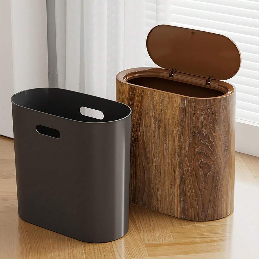 Senmeo 3.7 Gallon Dual Compartment Trash Can - Odor Resistant Lid Press To Open, Plastic With Handle Easy Clean For Bathroom Kitchen - 1 cái - Vân gỗ - Xem 1