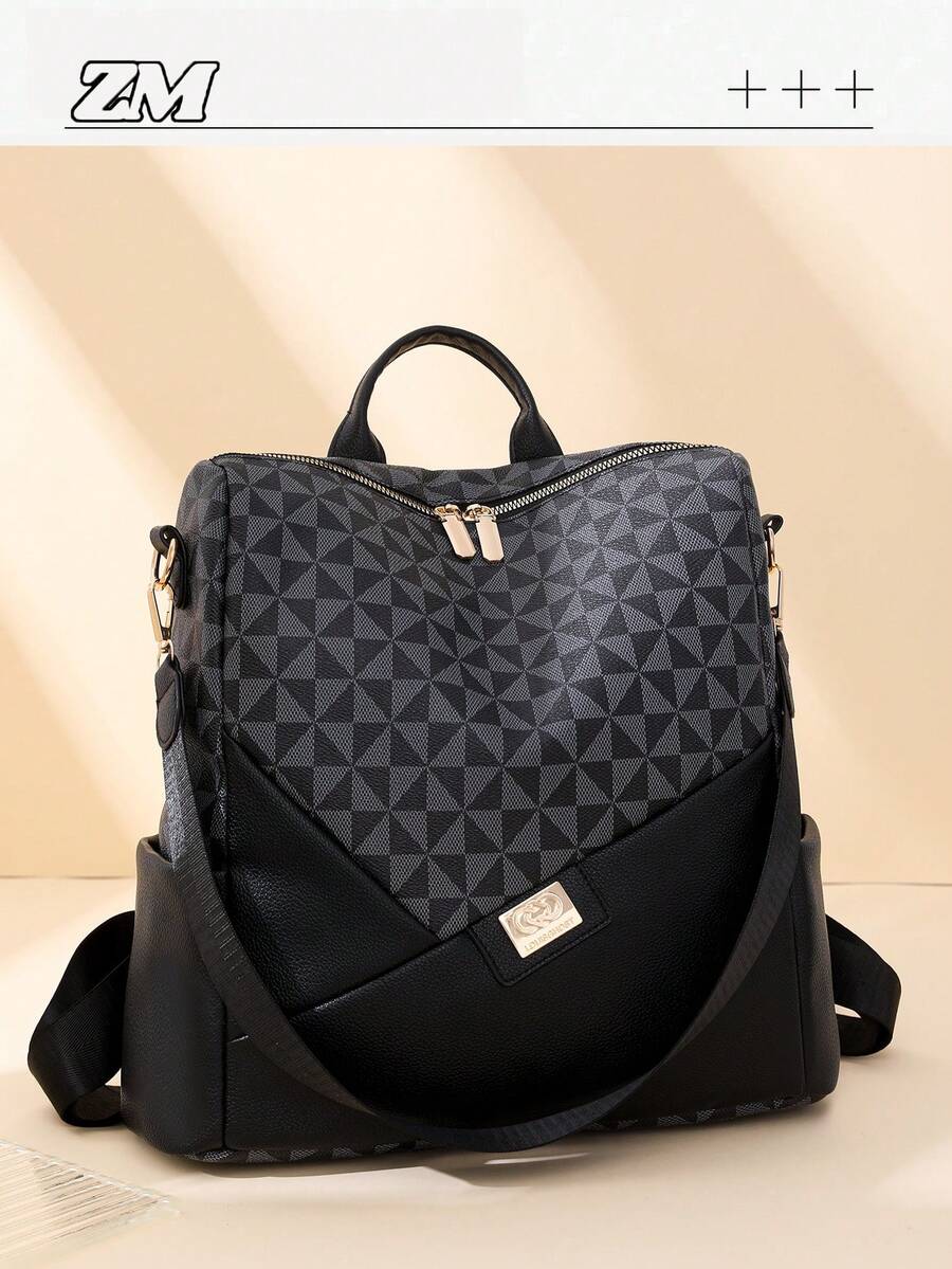Women's Rhombus Pattern Large Capacity Backpack, Patchwork Commuter Bag, Student Backpack, Mommy Bag - Black - View 1