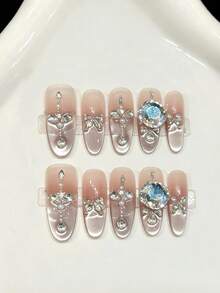 10片手工椭圆形美甲贴纸，适合派对和日常佩戴，粉色，闪亮水钻装饰，华丽易贴。10片Y2K风格手工美甲贴纸，适合女孩和女士在节日和日常佩戴，手工按压式美甲。 - 淺粉色 - 查看 8