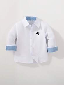 Chemise à manches longues minimaliste décontractée pour jeune garçon avec broderie et couleurs contrastées - Blanc - Voir 2