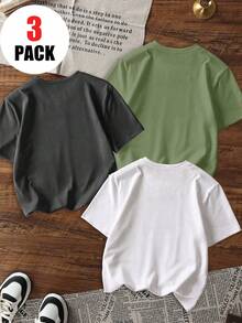 3件套男童休闲印花圆领短袖T恤，夏季学生青少年服装 - 多种颜色可选。穿上我们舒适时尚的儿童T恤，探索世界！ - 綠色 - 查看 4