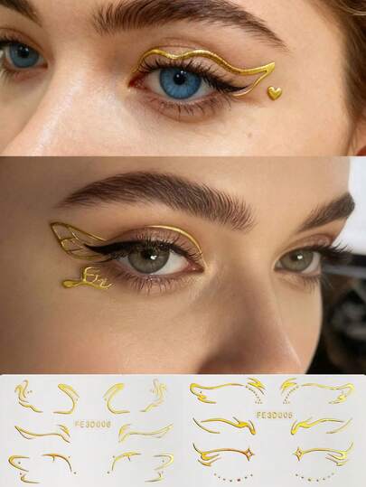 3片装3D金色眼线贴纸，面部纹身贴纸，身体彩绘，音乐节，派对装扮，眼部装饰