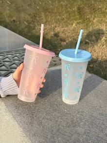 1个可重复使用的蝴蝶结造型塑料杯，24盎司，带吸管和盖子，适用于派对、饮品、咖啡、婚礼、生日和其他场合。 - 彩色 - 查看 9