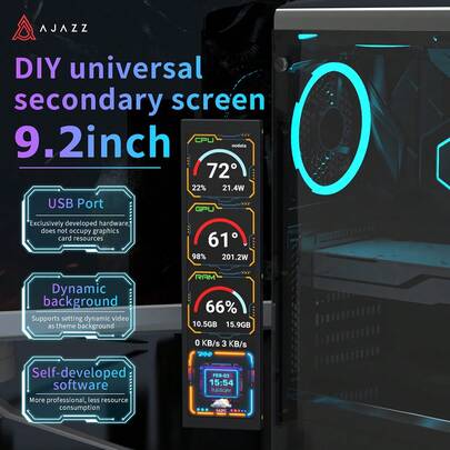  Monitor secundario de computadora AJAZZ de 9.2 pulgadas, pantalla IPS con tema dinámico DIY, compatible con monitoreo en tiempo real de CPU/GPU/Memoria, Plug and Play USB