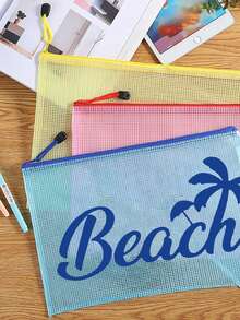 A4 Size Transparent PVC Makeup Bag With "Beach" Pattern, Waterproof Portable Cosmetic Pouch, File Folder, Large Capacity Clear Makeup Case With Nylon Zipper, Bathroom Storage Bag, Jewelry Organizer, Lip Gloss And Cosmetics Holder, Travel Essentials, Dorm Supplies, Ideal For Beach, Diving, Travel, Vacation And Daily Use - Multicolor - View 3