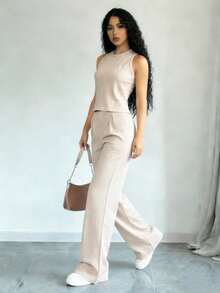 el mejor regalo para el Día de la Madre:(El pintalabios se envía al azar como obsequio junto con el producto comprado)Ropa Dos piezas para Mujer Botón Bolsillo Cremallera Canalé Liso Casual - Albaricoque - Ver 6