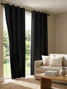 1片/2片装遮光隔热窗帘，带涂层衬里，适用于卧室、客厅、厨房、家居装饰 - 黑色 - 查看 3