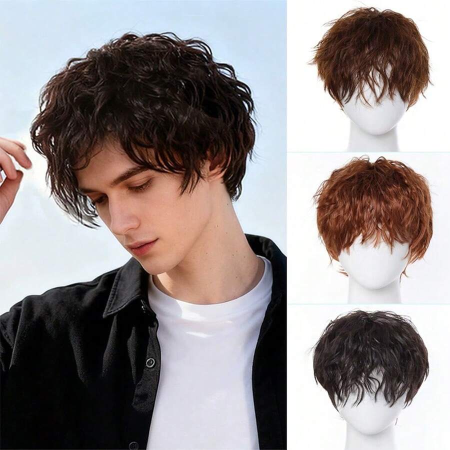 Men's Adult Kinky Curly Wig, High Temperature Fiber, 150% Density, With Buckle Net Cap, For Party And Daily Wear, Wig Cap