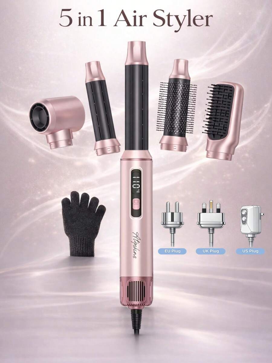 UKLISS Alat Penata Rambut Udara Panas Pintar 5-in-1 - Sikat Pengering Rambut dengan Kontrol Suhu Cerdas, Menciptakan Rambut Halus, Berkilau, dan Bebas Kusut - Merah Muda - Berwarna merah muda - View 1