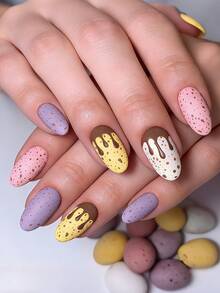 Y2K 提升你的时尚品味：24 片装复活节巧克力滴落杏仁形美甲贴片 - 哑光斑点彩色假指甲，畅销复活节彩蛋美甲 - 彩色斑点杏仁形假指甲，巧克力滴落图案，适合节日、派对、约会和日常佩戴。赠送 24 片凝胶果冻贴片和 1 个指甲锉。 - 彩色 - 查看 1