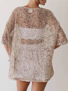 Women Sequin Sheer Short Sleeve Glitter T Shirt Sparkle See Through Crochet Cover Up Swimsuit Beach Shiny Mesh Blouse Top - 米色 - 查看 4