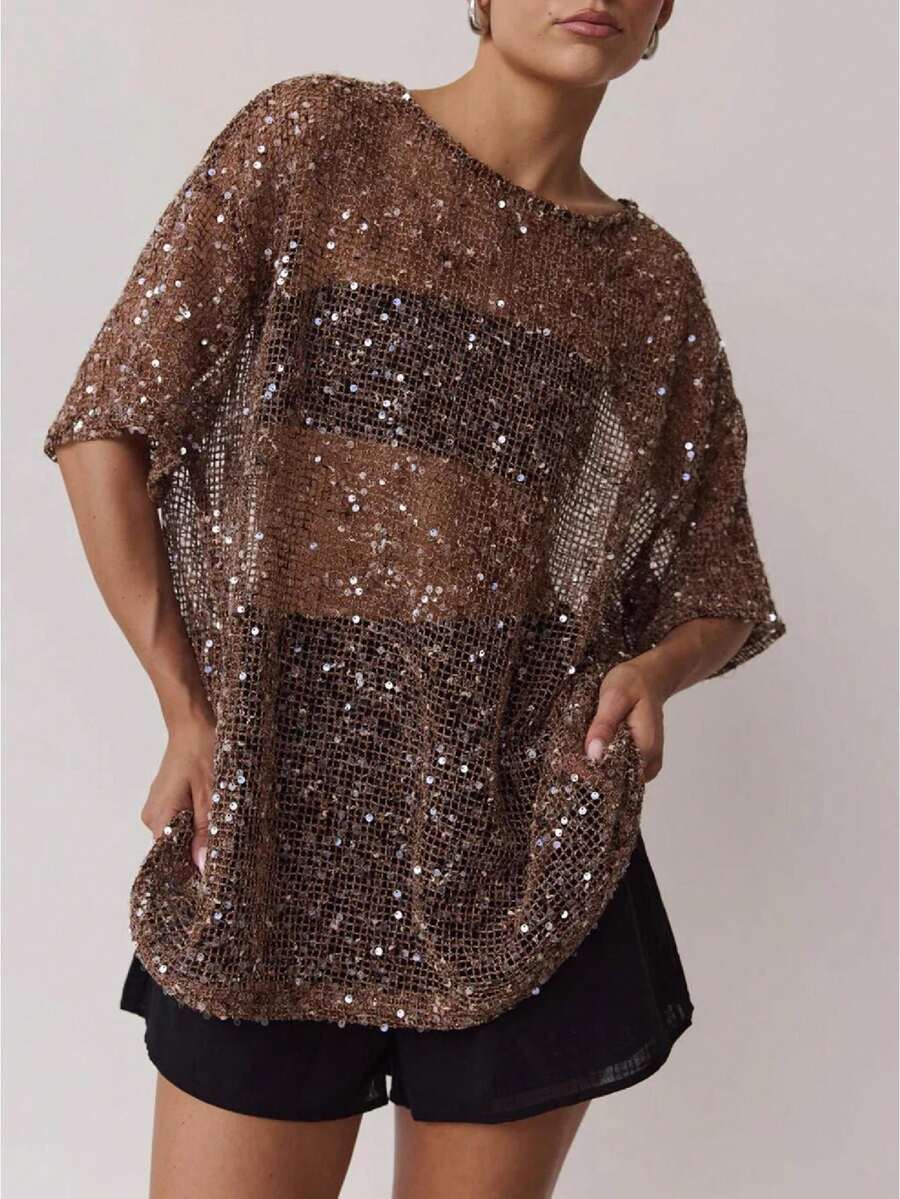 Women Sequin Sheer Short Sleeve Glitter T Shirt Sparkle See Through Crochet Cover Up Swimsuit Beach Shiny Mesh Blouse Top - 棕色 - 查看 1