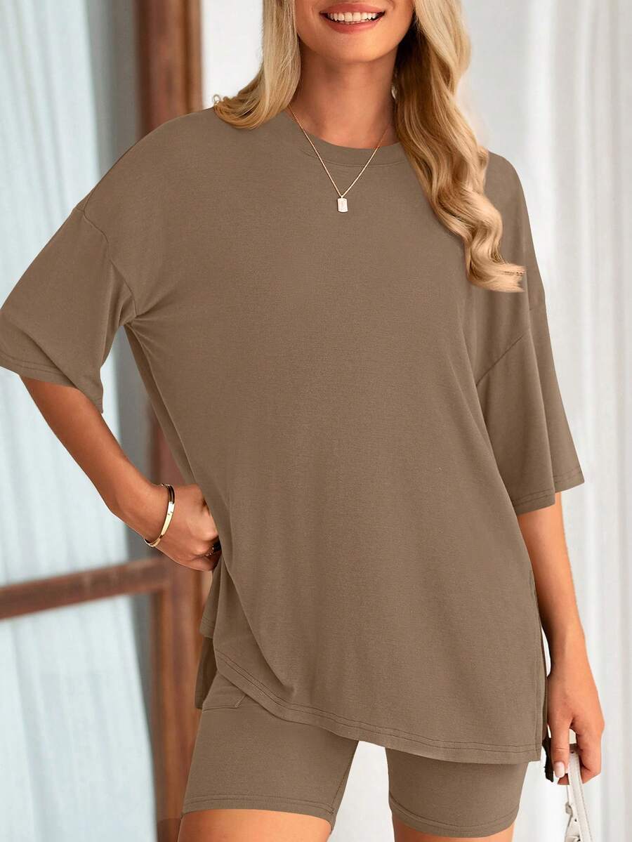 PRETTYGARDEN Women's Summer Clothes 2 Piece Sets Lounge Set Casual Oversized Shirts Biker Shorts Matching Airport Travel Sweatsuit Set Women Vacation Outfit Dark Khaki Summer Brunch Outfits For Women - 深卡其 - 查看 1