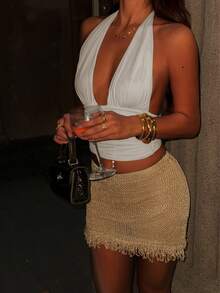 Women's Elastic Waist Frayed Hem Knit Mini Skirt - Champagne - View 4