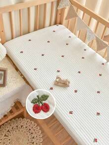 1pc Quilted Embroidered Cherry Baby Crib Mattress Cover, Soft & Breathable Crib Skirt, Suitable For All Year Round, Minimalist Elegant Design, (39.37*23.62)Inch, (47.24*23.62)Inch, (51.96*28.34)Inch - Multicolor - View 6