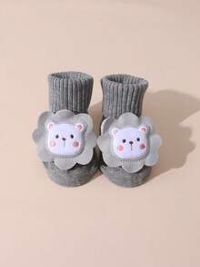 2双装婴儿可爱卡通纯色条纹中筒袜，防滑鞋底，百搭婴儿袜，适合日常穿着 - 彩色 - 查看 7