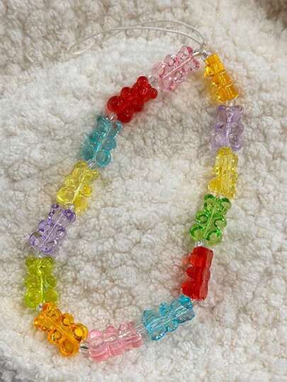 1pc Trending Dopamine Rainbow Bear Phone Lanyard, Transparent Gummy Bead Phone Strap, Versatile Transparent Gummy Bead Keychain, Fits All Phone Models, Suitable Gift For Mother, Family, Friends, Birthday, Holiday