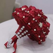 1件手工串珠新娘婚礼捧花，闪亮银色水晶缎带玫瑰，酒红色、海军蓝、浅紫色布艺永生花，人造布艺玫瑰捧花 W224 - 新娘手捧花 - 查看 3