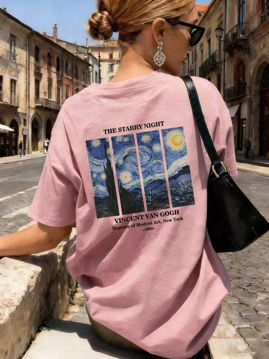 Women's Summer Personalized Letter Printed Pattern Round Neck-Shirt Fashionable And Versatile Women's Half Sleeve Small Shirt With Van Gogh Starry Print. Graphic Tees Women Pink Top White Top Black Top - 粉色 - 查看 1