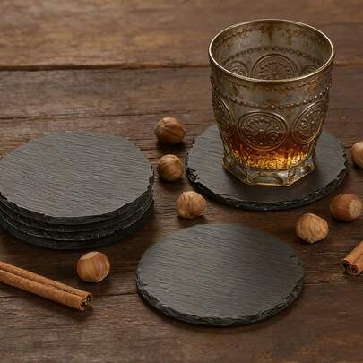5pcs 10cm X 10cm Natural Slate Coasters, Scratch-Resistant Bottom, Easy To Clean, Suitable For Home Decor, Jewelry Trays, Bar Settings, Housewarming Gifts, Kitchen, Dining Table, Outdoor Picnics, DIY Crafts, Birthdays, Thanksgiving, Ramadan, Easter Gifts, Portable Gift Box, Elegant Tableware Accessory For Home And Commercial Use
