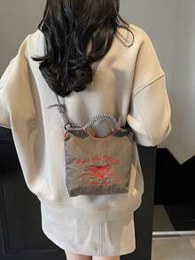 Sweet Girl Style Butterfly Embroidery Nylon Bag, Black & White Woven Strap Tote Shoulder Bag - Grey - View 5