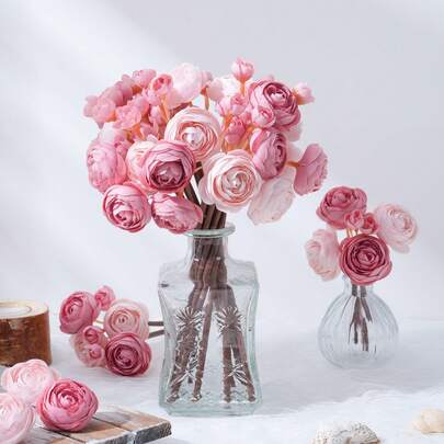 6 PCS Artificial Ranunculus Flowers, Faux Silky Mini Bouquets, Bulk Fake Wedding Filler Flowers For Centerpieces, Arrangements, Bridal Shower Decor, Polyester