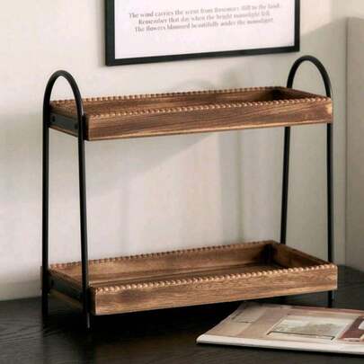 1 chiếc kệ đựng đồ bằng gỗ kiểu cổ điển, kệ đựng mỹ phẩm bằng kim loại và gỗ, khay gỗ 2 tầng dùng để đựng nước hoa/trang sức, gia vị/cà phê nhà bếp hoặc bất kỳ chai lọ đẹp mắt nào, kệ trang trí để bàn.