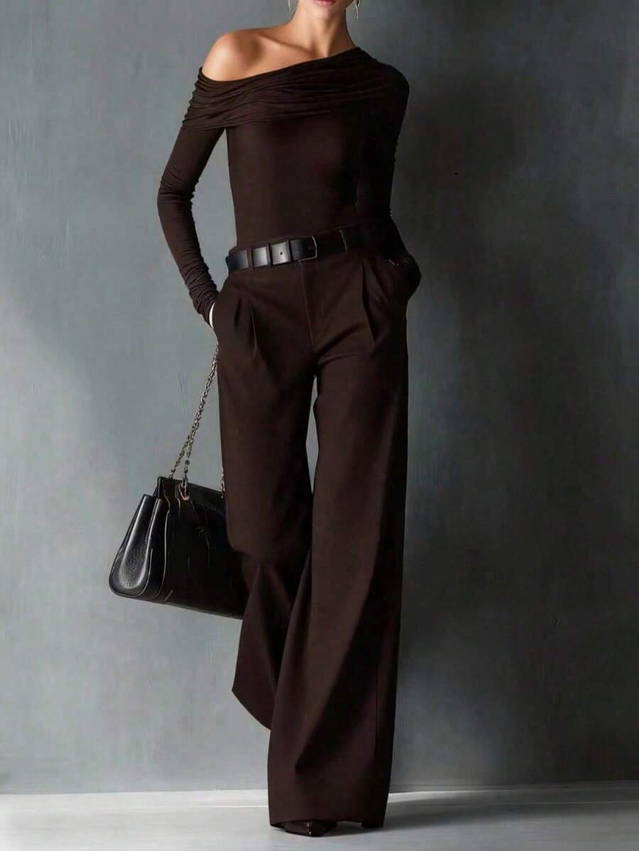 1pc Women's Casual Straight Solid Color Pants, Comes With 1 Belt Spring - Coffee Brown - View 1