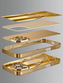 1 pieza Funda de teléfono de vidrio chapada en oro con textura en forma de V con 26 letras personalizables y decoración de manzana con rhinestones, compatible con iPhone 17 Pro Max/16 Pro Max/15/14 Plus/13 Pro/12 Pro Max/11/Xs Max/8/7/6 Plus, de moda, colorida, linda, divertida, minimalista, a juego - Dorado - Ver 5