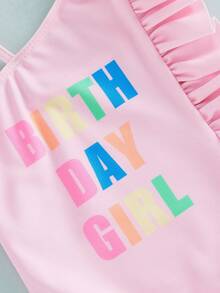 Kids Girl Summer Swimsuits Letter Print Bow Ruffles Sleeveless Swimwear For Toddler Bathing Suits Beachwear - Hồng - Xem 5