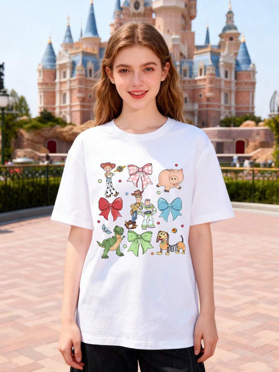 Disney Women's T-Shirt Featuring A Creative Toy Story Bow Cartoon Print Design Spring/Summer Women's Crew Neck T-Shirt Soft And Comfortable 100% Cotton Fabric A Stylish Disney Women's Graphic Tee Perfect For Everyday Wear, Outings, Travel, And Leisure Also Makes An Exquisite Gift - White - View 1