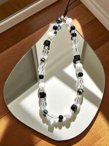 1pc Black & White Contrast, Iridescent Crystal, Geometric Block, Faux Pearl Beaded Keychain, Chic Phone Charm Strap, Fits All Phone Models, Suitable Gift For Mother, Family, Friends, Birthday, Holiday - Black and White - View 4