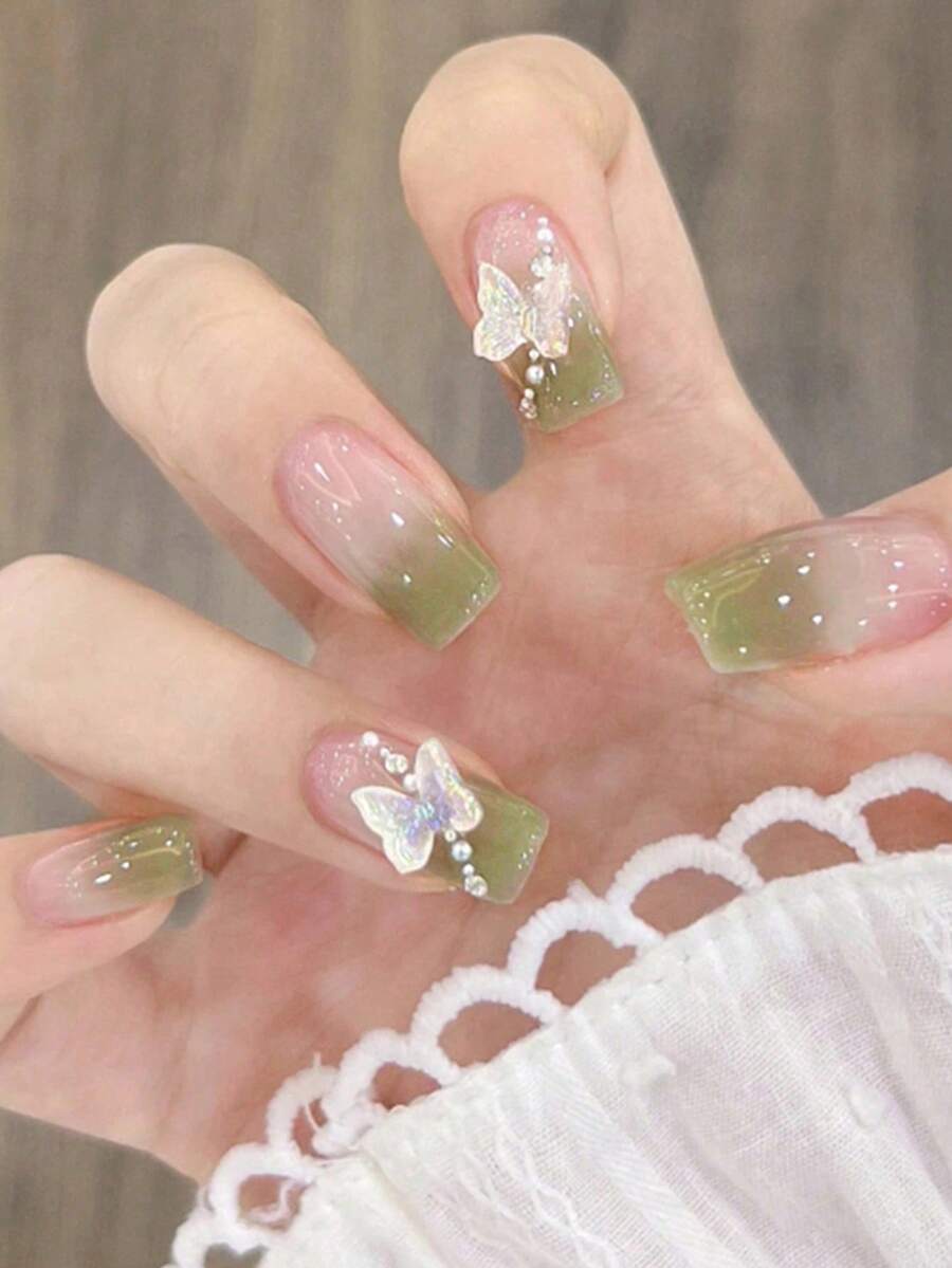 24片长款3D蝴蝶造型亚克力美甲贴片，渐变色，包含1片果冻胶和1把指甲锉，适合派对、活动和日常佩戴。适合女性和女孩。包含美甲工具。可塑形美甲套装 - 彩色 - 查看 1