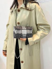 1pc Fashion Frayed Fabric Women's Shoulder Crossbody Small Square Bag, Large Capacity Daily Mini Backpack, Personalized Quirky Travel Vacation Beach Chain Bag - Black - View 2