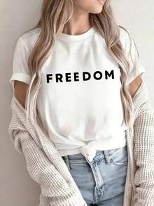 Women's Summer New Simple Slogan Print Casual Vacation Loose Fit Round Neck Short Sleeve T-Shirt, Fashionable Everyday Top, Suitable For Daily And Vacation Wear. Women's T-Shirt Top. - White - View 1