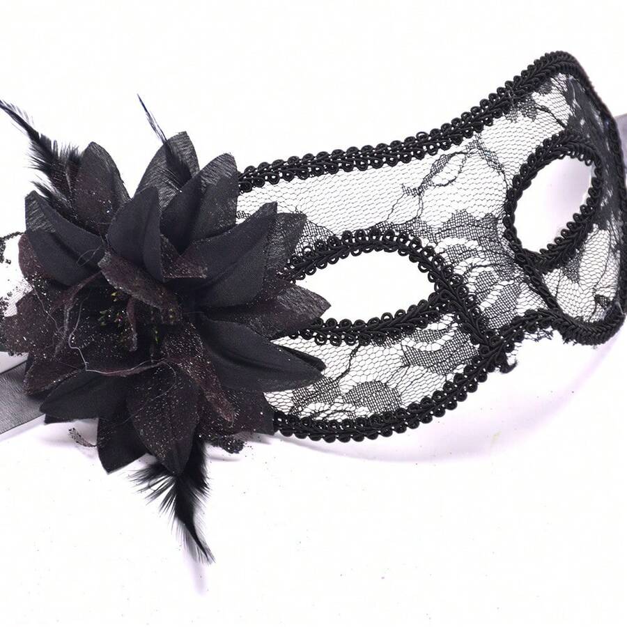 Elegant Lily Flower Masquerade Mask - Sheer Lace Eye Cover With Side Detail For Halloween, Costume Party & Ball, Adjustable & Comfortable Fit - 查看 1