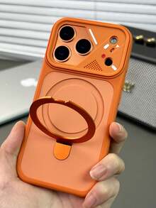 1 pieza Funda de teléfono magnética con anillo de soporte de silicona mate y protección de cámara de lujo compatible con iPhone 17 16 15 14 13 Pro Max, cubierta trasera suave - Naranja - Ver 2