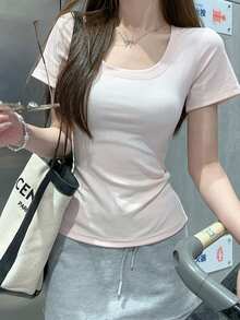 U-Neck Short Sleeve T-Shirt, Stretchy Slim Fit Solid Color All-Match Tee Casual Pink Summer - Pink - View 4